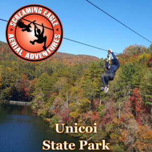 person on a zip line course above the trees and water at Unicoi State Park